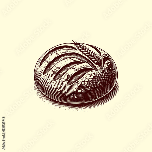 Round Rustic Bread Loaf Vector Illustration with Decorative Braid and Vintage Engraving Style on Light Background