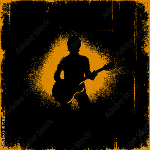 Rock Guitarist Silhouette Vector Illustration with Electric Guitar Standing by Water Sunset in Grunge Vintage Style
