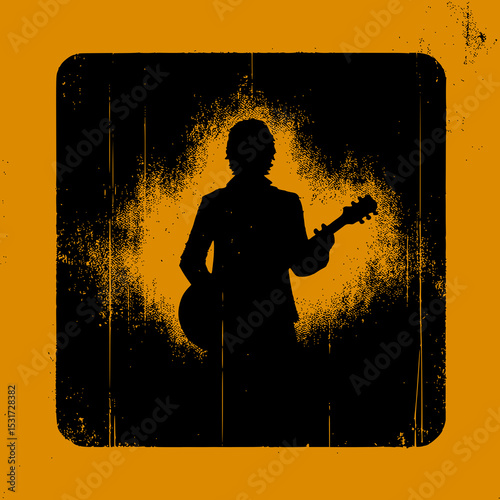 Rock Guitarist Silhouette Vector Illustration with Electric Guitar Standing by Water Sunset in Grunge Vintage Style