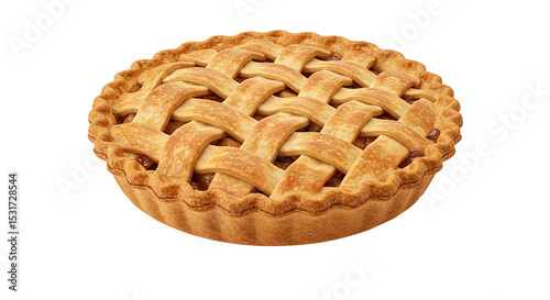 Whole homemade apple pie with golden-brown lattice crust, floating highly against a pure white background