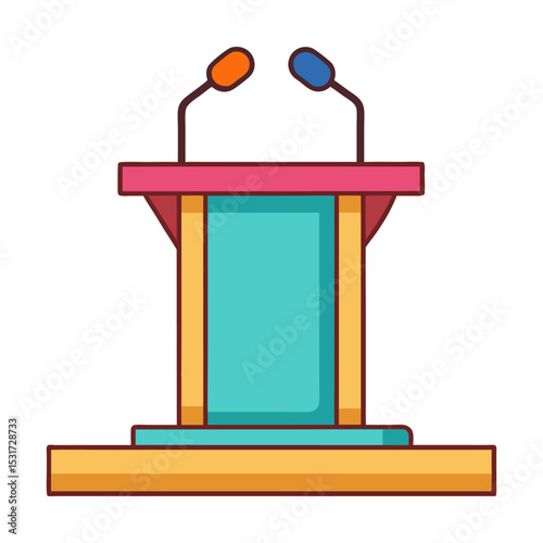 A colorful podium or lectern with two microphones, featuring a vibrant pink top and teal front, symbolizing public speaking or presentations.