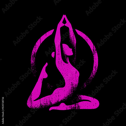 Yoga Pose Vector Illustration in White with Grunge Distressed Texture on Purple Background Representing Meditation and Wellness