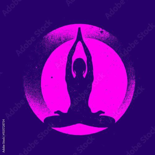 Yoga Pose Vector Illustration in White with Grunge Distressed Texture on Purple Background Representing Meditation and Wellness