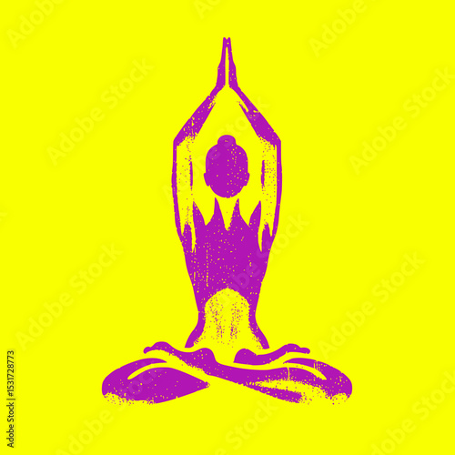 Yoga Pose Vector Illustration in White with Grunge Distressed Texture on Purple Background Representing Meditation and Wellness