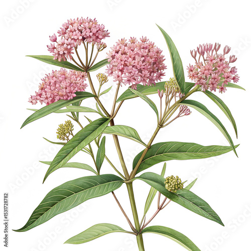 Swamp Milkweed with Pink Flower Clusters Realistic Botanical Vector Illustration