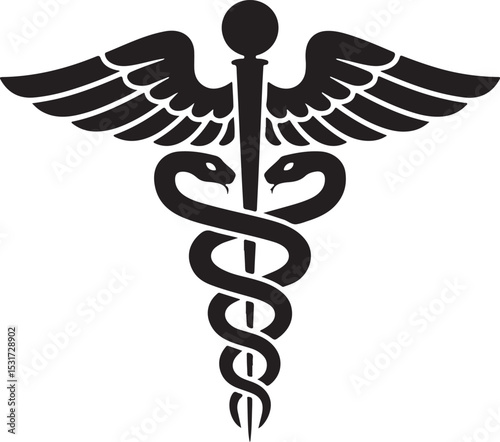 Caduceus medical symbol with winged snakes on a white background, an iconic emblem of health and pharmacy