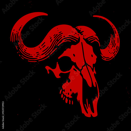 Buffalo Skull Vector Illustration in Red with Large Horns and Grunge Distressed Style on Black Background for Gothic and Western Themes