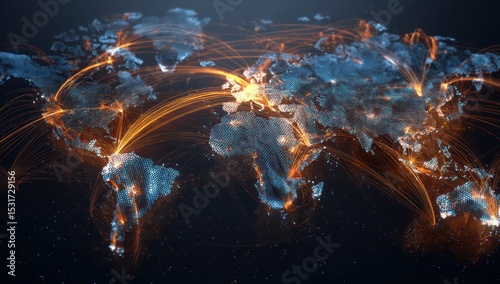 Interactive world map displaying circulating data streams and glowing points, representing network flow.