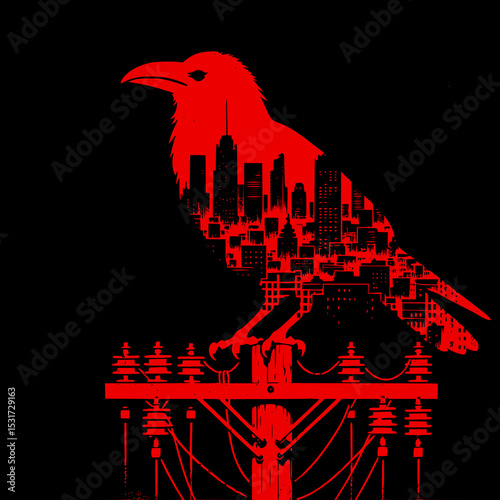 Red Crow Sitting on Power Pole Vector Illustration in Grunge Distressed Style on Black Background with Dark Gothic Vibe