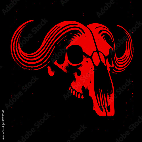 Buffalo Skull Vector Illustration in Red with Large Horns and Grunge Distressed Style on Black Background for Gothic and Western Themes