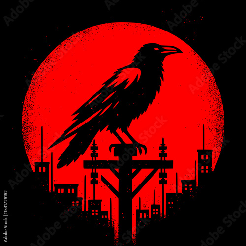 Red Crow Sitting on Power Pole Vector Illustration in Grunge Distressed Style on Black Background with Dark Gothic Vibe