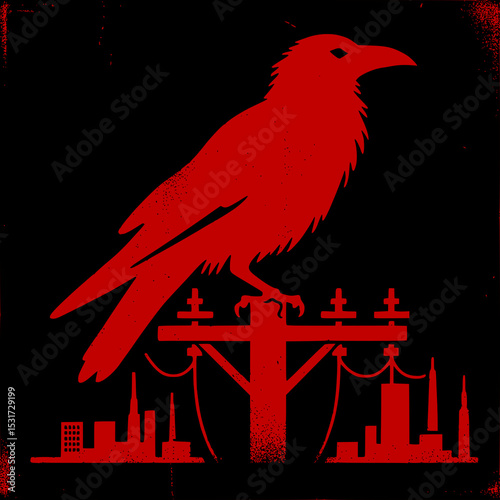 Red Crow Sitting on Power Pole Vector Illustration in Grunge Distressed Style on Black Background with Dark Gothic Vibe