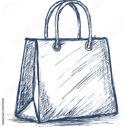 Sketch of a classic shopping bag with handles in blue ink drawing style. Vector illustration