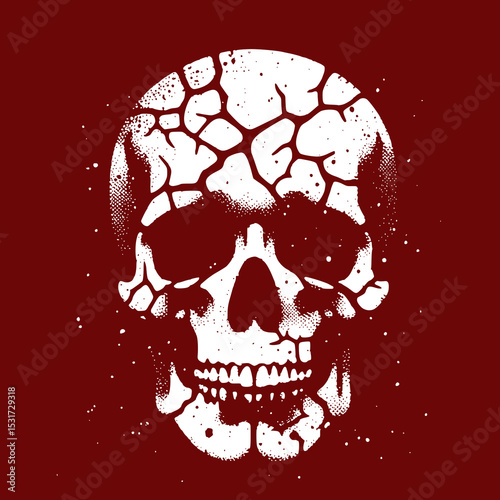 Grunge Skull Vector Illustration in Black and White with Distressed Texture and Vintage Horror Style on Dark Red Background