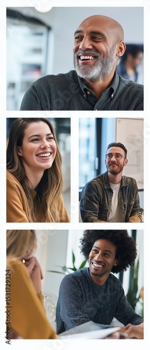 A collage of four diverse people smiling and engaging in a friendly conversation in a casual indoor setting.
