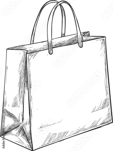 Sketch of a shopping bag with handles and detailed shading, black and white drawing. Vector illustration