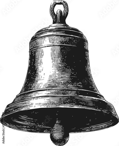 Vintage engraved illustration of a large ringing bell in black and white. Vector illustration