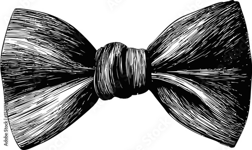 Vintage black and white sketch of a detailed bow tie with textured shading. Vector illustration