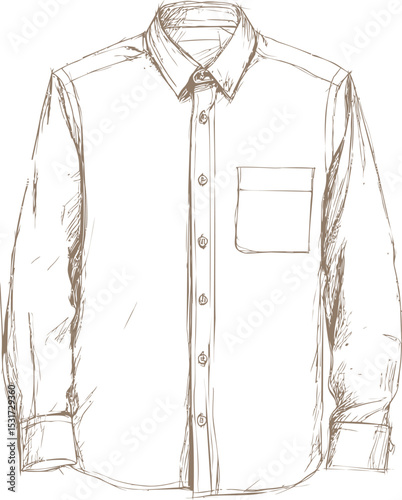 Detailed sketch of a classic button-up shirt with front pocket drawing. Vector illustration