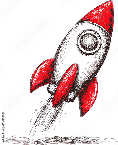 Sketch of a red and white rocket ship launching with speed and power. Vector illustration