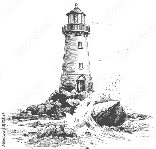 Black and white illustration of lighthouse on rocky coast with seagulls in sketch style. Vector illustration