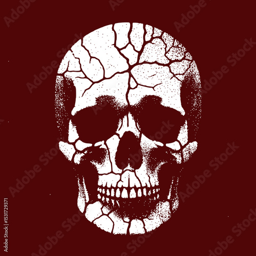 Grunge Skull Vector Illustration in Black and White with Distressed Texture and Vintage Horror Style on Dark Red Background