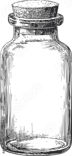 Vintage glass jar illustration with cork lid in black and white sketch. Vector illustration