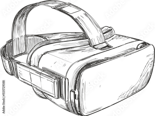 Detailed sketch of futuristic virtual reality headset in black and white. Vector illustration