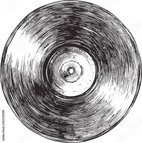 Detailed black and white sketch of a vintage vinyl record, artistic illustration. Vector illustration
