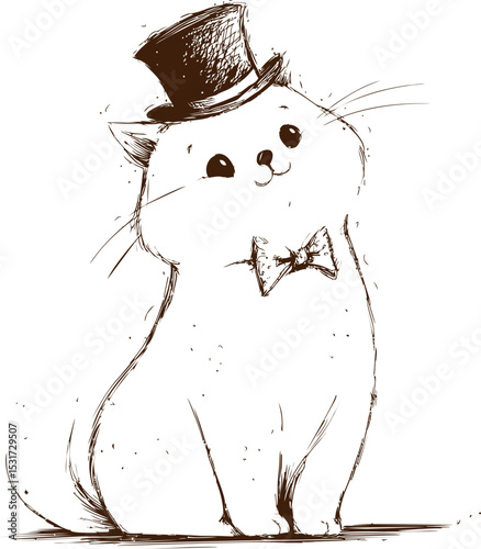 Adorable cartoon cat in a top hat and bow tie in a sketch style. Vector illustration