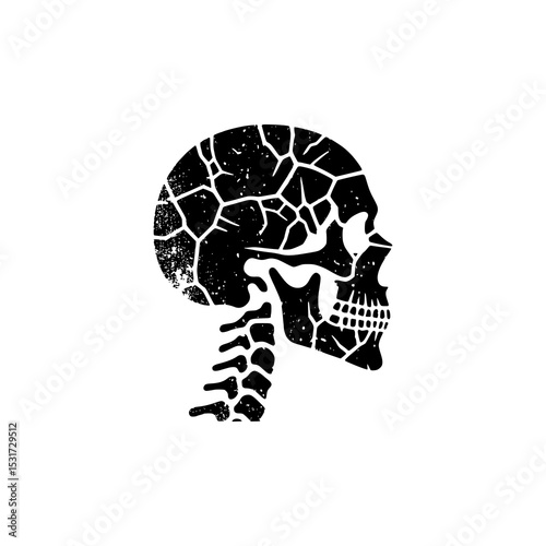 Cracked Skull Vector Illustration in Black and White Grunge Style with Broken Texture for Tattoo or Horror Design