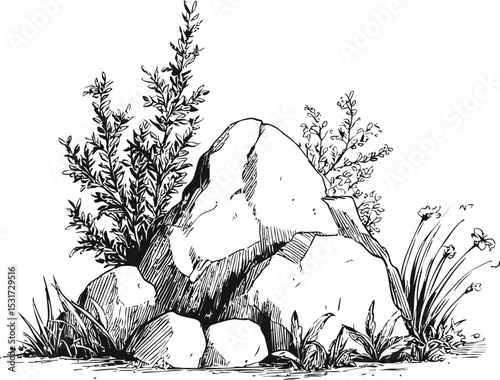 Black and white sketch of rocks with plants and grasses in natural setting. Vector illustration