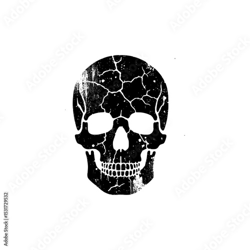 Cracked Skull Vector Illustration in Black and White Grunge Style with Broken Texture for Tattoo or Horror Design