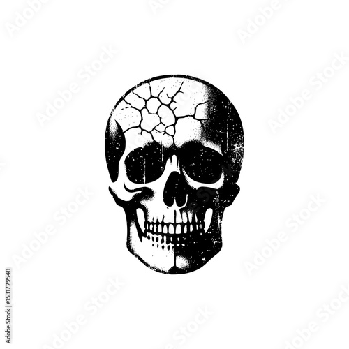 Cracked Skull Vector Illustration in Black and White Grunge Style with Broken Texture for Tattoo or Horror Design