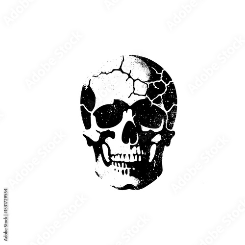 Cracked Skull Vector Illustration in Black and White Grunge Style with Broken Texture for Tattoo or Horror Design