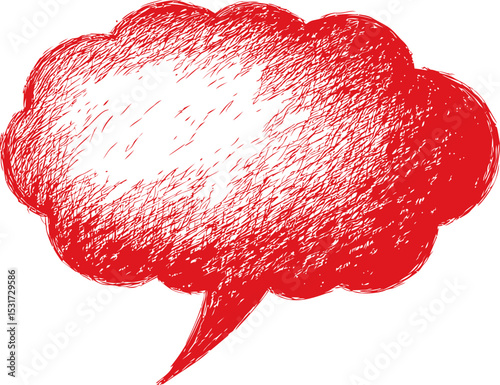 Red sketchy speech bubble with textured crosshatching design. Vector illustration
