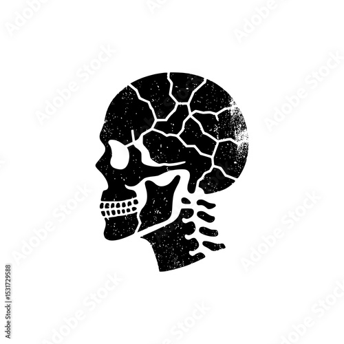 Cracked Skull Vector Illustration in Black and White Grunge Style with Broken Texture for Tattoo or Horror Design