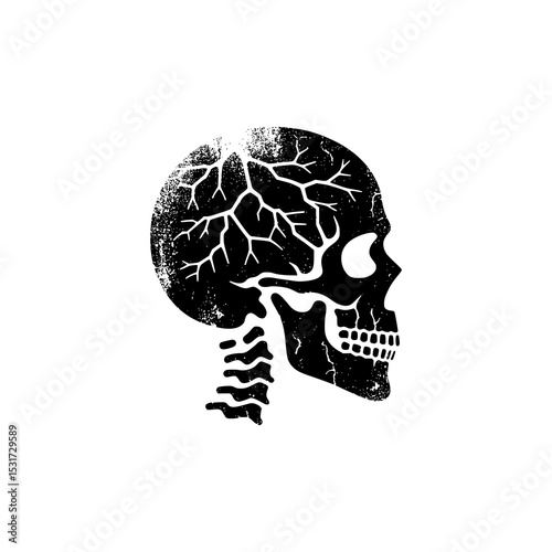 Cracked Skull Vector Illustration in Black and White Grunge Style with Broken Texture for Tattoo or Horror Design