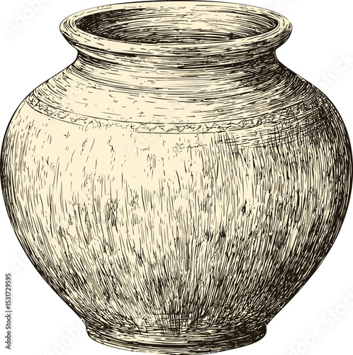 Antique clay pot illustration with intricate texture and detailed lines. Vector illustration