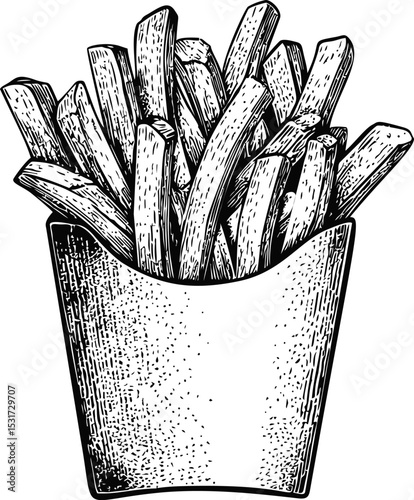 Illustration of crispy french fries in a carton with detailed sketch lines. Vector illustration