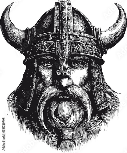 Detailed black and white drawing of a viking warrior with horned helmet. Vector illustration in sketch style