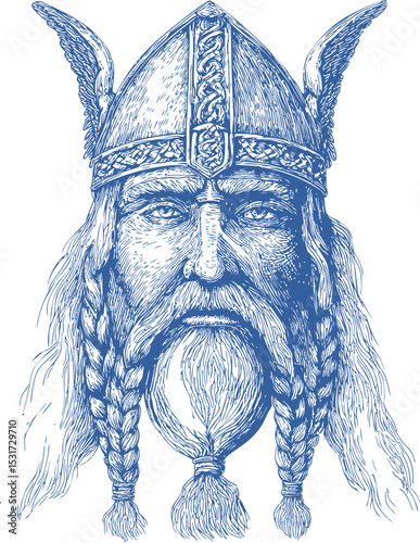 Blue line drawing of a viking with braids and ornate winged helmet. Vector illustration