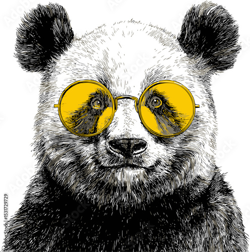 Panda wearing yellow sunglasses in detailed black and white sketch. Vector illustration