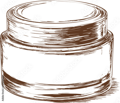 Brown sketch of a cosmetic jar with lid in vintage style. Vector illustration