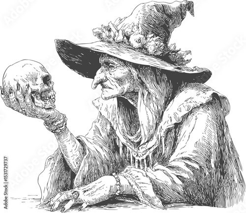 Old witch holding skull in hand, detailed black and white line drawing. Vector illustration