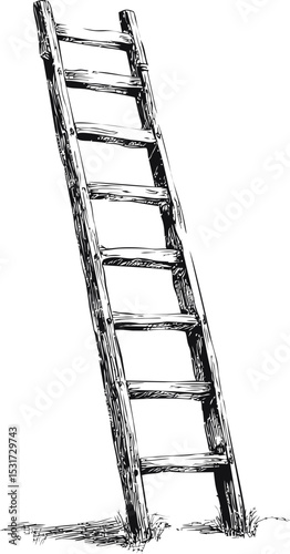 Sketch of a rustic wooden ladder leaning in black and white. Vector illustration