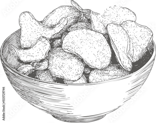 Hand-drawn illustration of snack bowl filled with crunchy potato chips. Vector illustration in sketch style