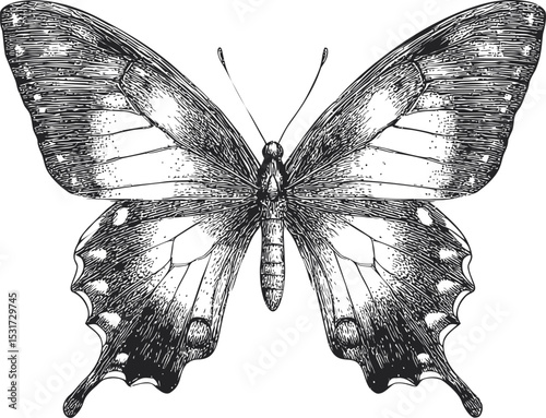 Black and white illustration of a detailed butterfly drawing. Vector illustration in sketch style
