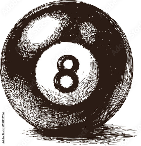 Sketch of a classic black and white billiard eight ball with pen shading details. Vector illustration