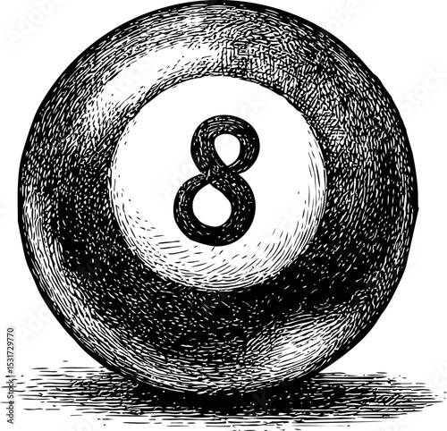 Hand-drawn vintage black billiard eight ball illustration with detailed shading. Vector illustration